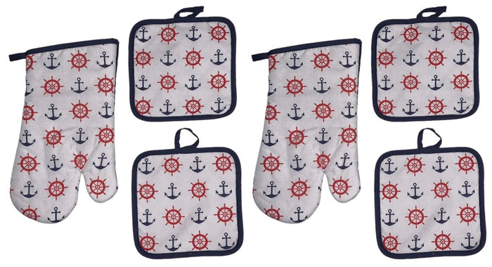 Set of 6, Nautical Coastal Anchor Wheel Design Printed Decorative Non-Slip, Heat Resistant Kitchen Towel Set Includes 4 Potholder, 2 Oven Mitt.
