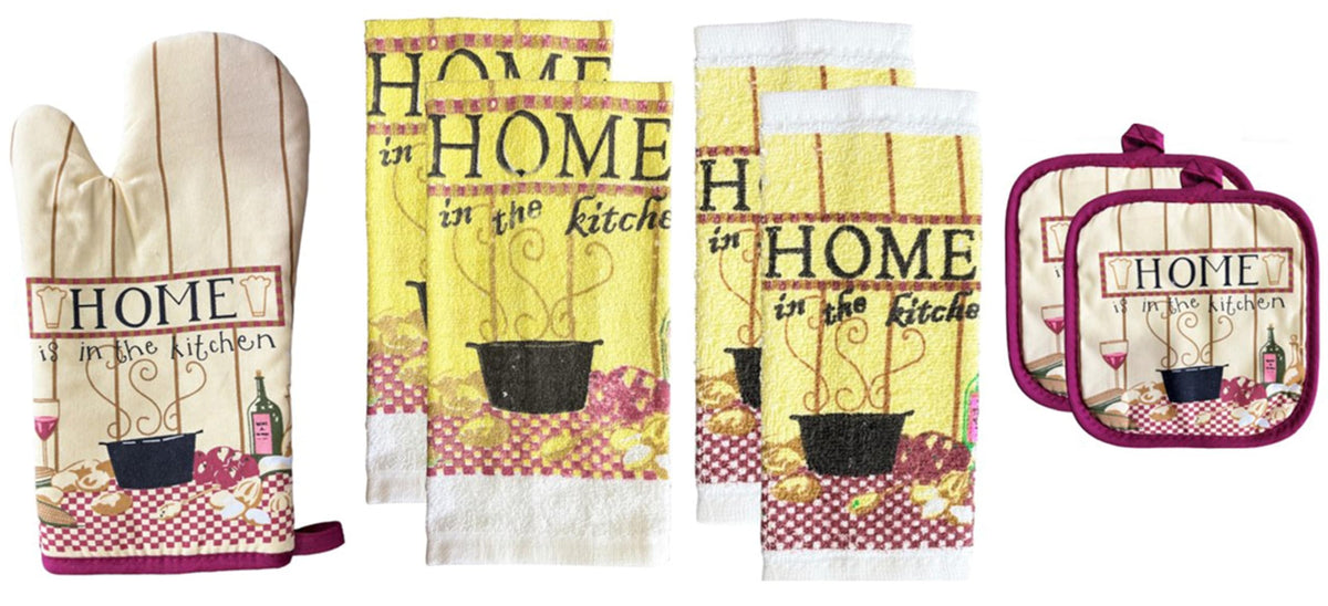 Home is in the Kitchen Design 100% Cotton Printed Kitchen Linen Set of 7, 2 Kitchen Towels, 2 Dish cloths, 2 Pot Holder, 1 Oven mitt, Non Slip, Washable, and Heat Resistant. (Home)