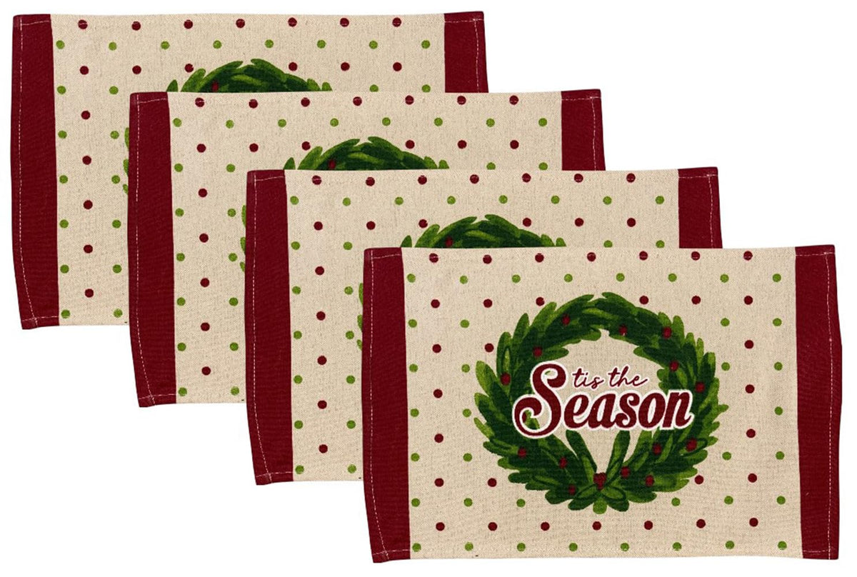 Set of 4, Christmas Plaid Tapestry Placemats Merry and Bright with Poinsettia Flower for Holiday Season, Home Decoration Kitchen Dining Table Easy to Clean Size: 13" x 19". (Design B)