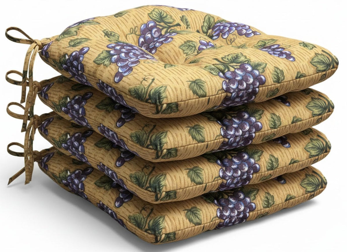 Thick Reversible Black Grapes Design Kitchen Chair Pads for Dining Chair, Set of 4, Soft and Comfortable Seat Cushions with Ties to be Secured to a Chair.