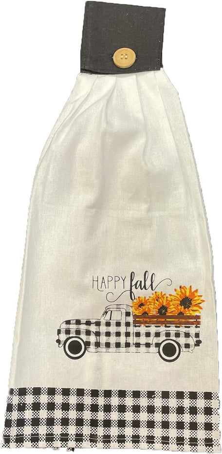 Set of 4, Halloween / Fall Tie Kitchen Towels 100% Cotton, "Pumpkin", "Pumpkin Spice & Everything Nice", "Truck with Sunflower - Happy Fall", "Happy fall y'all" on White Linen Size: 16" x 18" x 3.5".