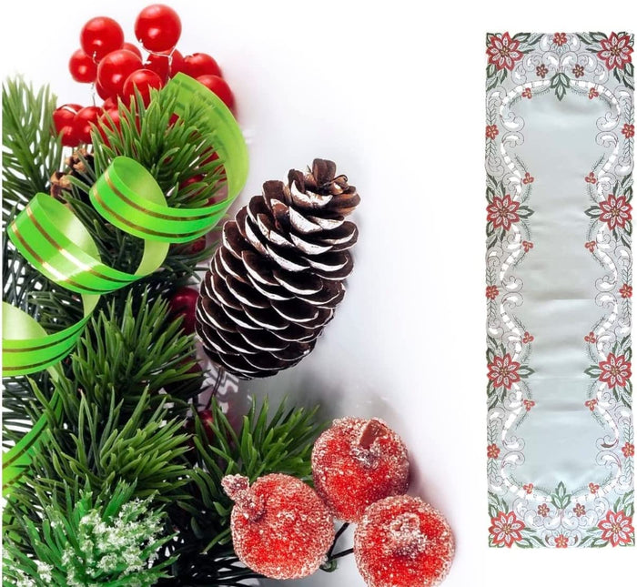 Christmas Holiday Decorate Red and Green Flower Embroidery and Cut Work on White Base Oblong Runner Kitchen Dining Table.