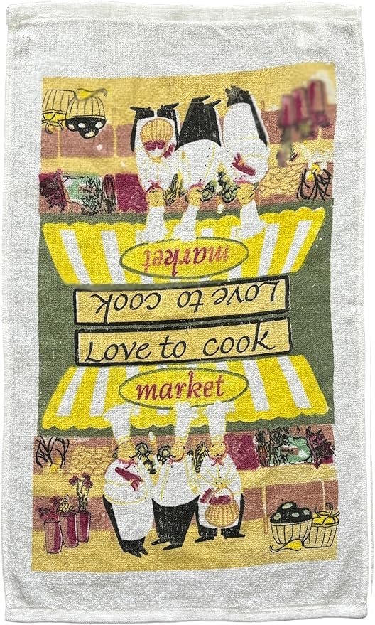 Set of 6, Love to Cook Market Design Printed Cotton Kitchen Towels Highly Absorbent and Soaking up Water Quickly Size: 15 x 25 inch.