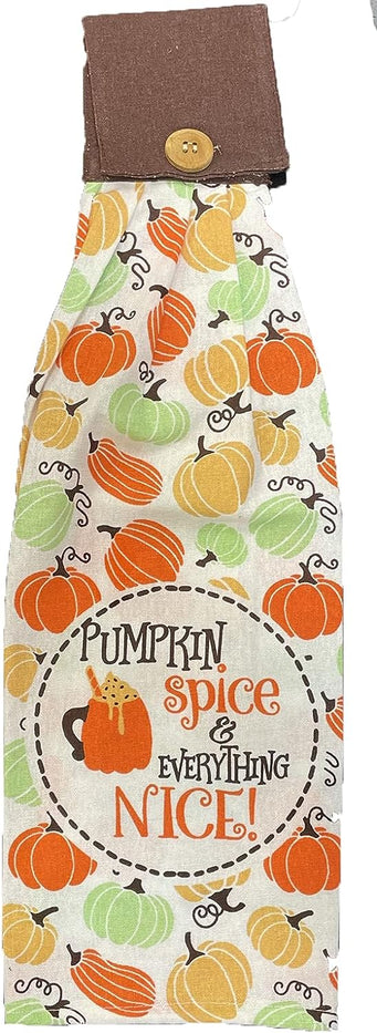 Set of 4, Halloween / Fall Tie Kitchen Towels 100% Cotton, "Pumpkin", "Pumpkin Spice & Everything Nice", "Truck with Sunflower - Happy Fall", "Happy fall y'all" on White Linen Size: 16" x 18" x 3.5".