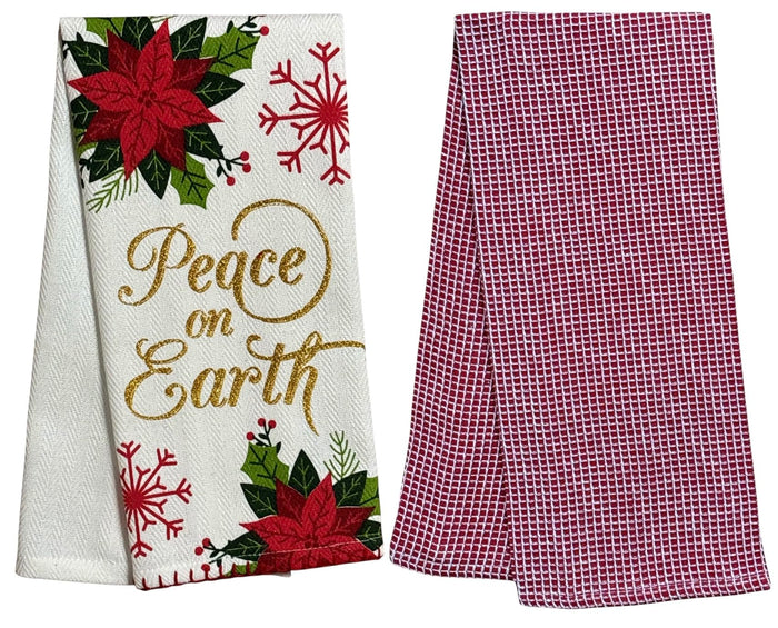 Peace on Earth with Poinsettia Flower, Snowflakes on White Herringbone and Red Waffle Weave, 4 Pcs Cotton Kitchen Towels, Soft and Absorbent, Size: 16” x 28".