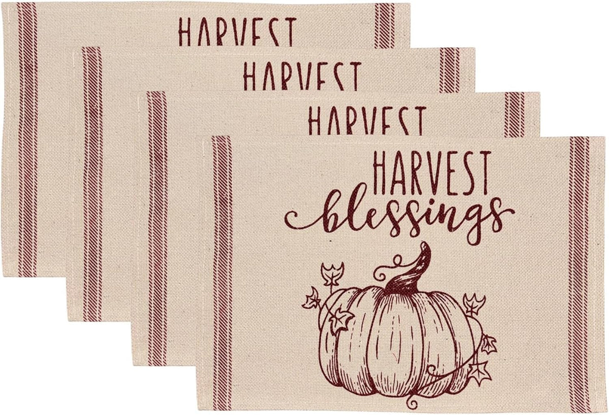Harvest Blessings with Pumpkin, Set of 4, Cotton Placemats for Fall, Thanksgiving Kitchen Dining Table Easy to Clean, Machine Washable, Size: 13” x 19”.