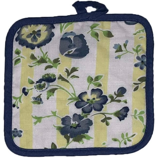 Blue Flower Printed Design 6 Pcs Non-Slip, Heat Resistant Kitchen Towel Set, Includes 4 Potholder, 2 Oven Mitt.