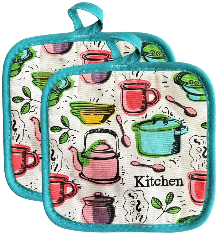 Kitchen Artwork, Canister, Pot, KIttle and More Design 100% Cotton Printed Kitchen Linen Set of 7, 2 Kitchen Towels, 2 Dish cloths, 2 Pot Holder, 1 Oven mitt, Non Slip, Washable, and Heat Resistant.