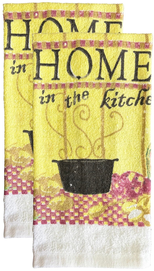 Home is in the Kitchen Design 100% Cotton Printed Kitchen Linen Set of 7, 2 Kitchen Towels, 2 Dish cloths, 2 Pot Holder, 1 Oven mitt, Non Slip, Washable, and Heat Resistant. (Home)