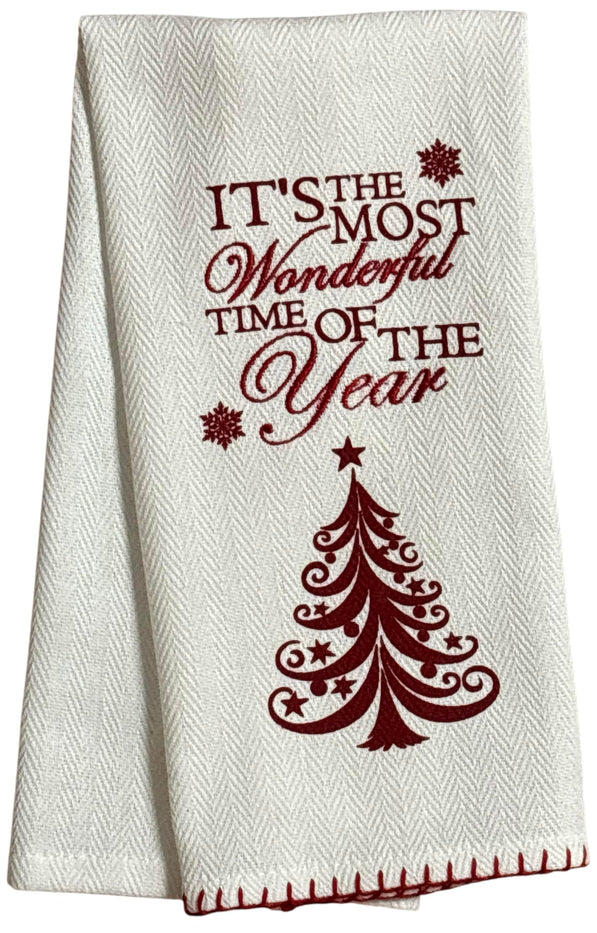 It's The Most Wonderful time of The Year with Snowflakes and Christmas Tree on White Herringbone and Red Waffle Weave, 4 Pcs Cotton Kitchen Towels, Soft and Absorbent, Size: 16” x 28".