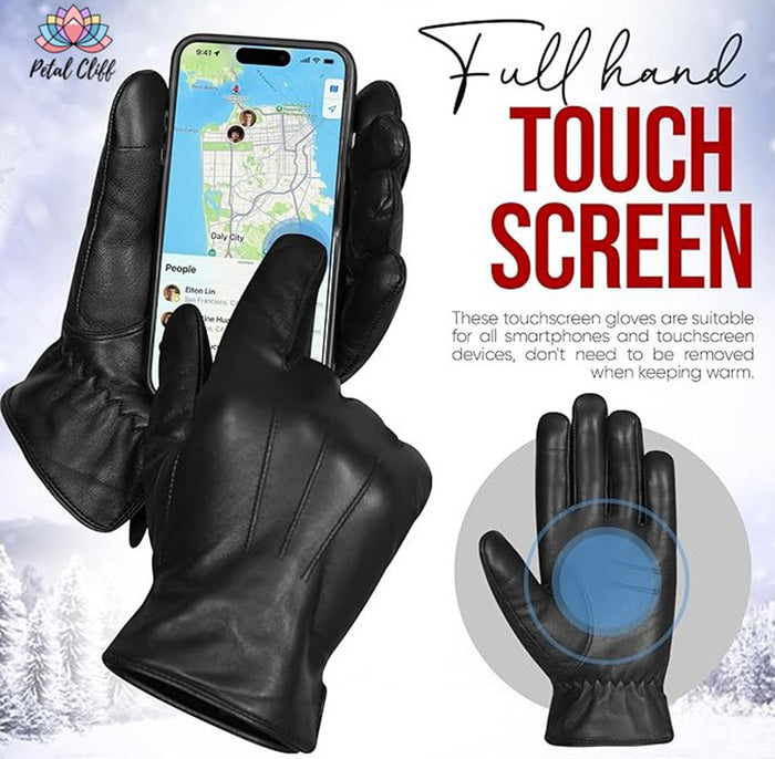 Men's Leather Driving Gloves with touch Screen 100% Real Leather with Lining: 100% Cashmere wool Warm Winter Gloves