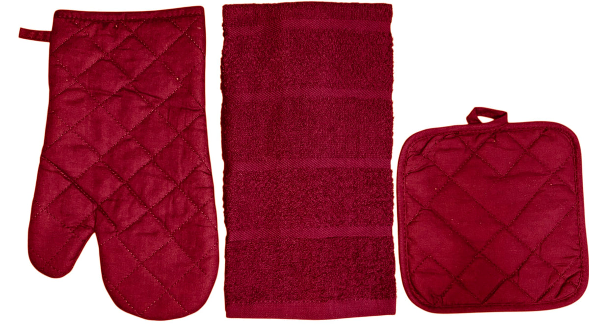 Three Pcs, Solid Quilted Heat-Resistant Kitchen Sets: Kitchen Towels, Oven Mitts, and Potholders Ultra-Absorbent and Durable. (Red)