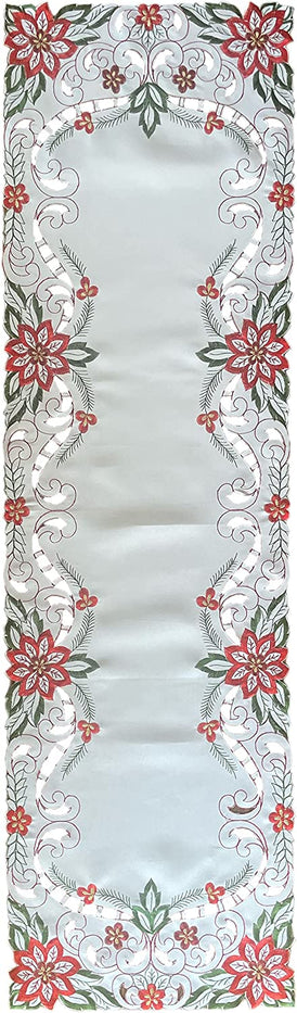 Christmas Holiday Decorate Red and Green Flower Embroidery and Cut Work on White Base Oblong Runner Kitchen Dining Table.