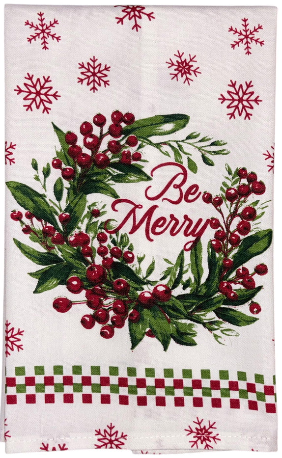 Poinsettia Flower Wreath, Berries, Snowflakes with be Merry, 6 Pack Holiday Season Kitchen Towel Sets, 4 Kitchen Towels, Pot Holder & Oven mitt.