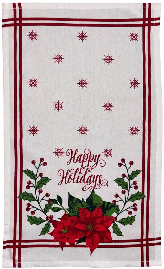 Poinsettia Flower, Berries, Snowflakes with Happy Holidays, 6 Pack Holiday Season Kitchen Towel Sets, 4 Kitchen Towels, Pot Holder & Oven mitt.