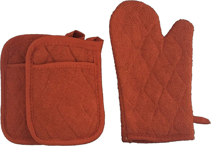 Set of 3, 100% Cotton Solid Color Heavy Duty Heat Resistant Kitchen Sets, Set Includes 1 Oven mitt, 2 Potholders.