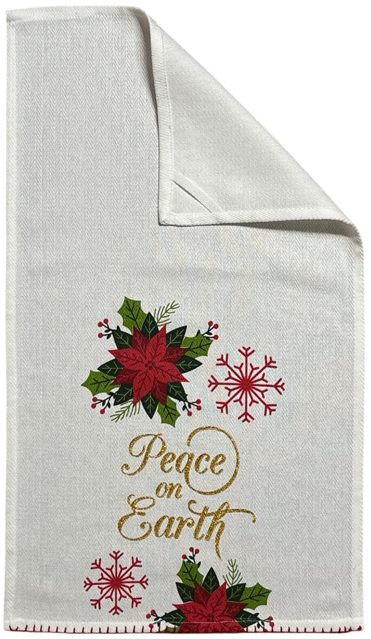 Peace on Earth with Poinsettia Flower, Snowflakes on White Herringbone and Red Waffle Weave, 4 Pcs Cotton Kitchen Towels, Soft and Absorbent, Size: 16” x 28".