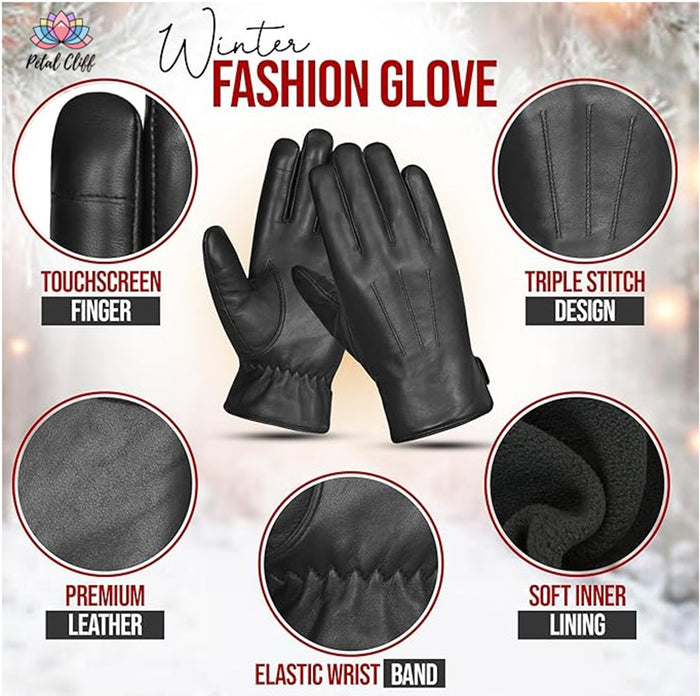 Men's Leather Driving Gloves with touch Screen 100% Real Leather with Lining: 100% Cashmere wool Warm Winter Gloves