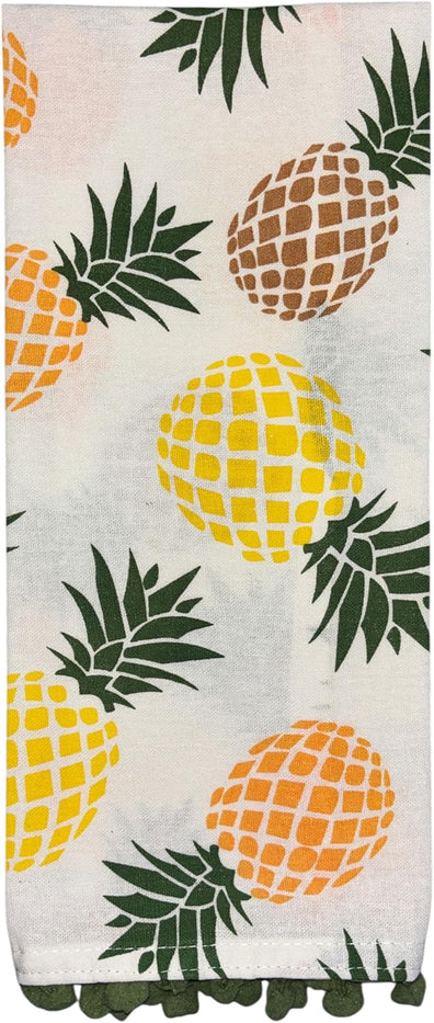 100% Cotton Pineapple Pompom Design Kitchen Towels and matching apron Size: 16 x 28 Inch. Perfect Gift for Wedding, Baby Shower, Home Décor.