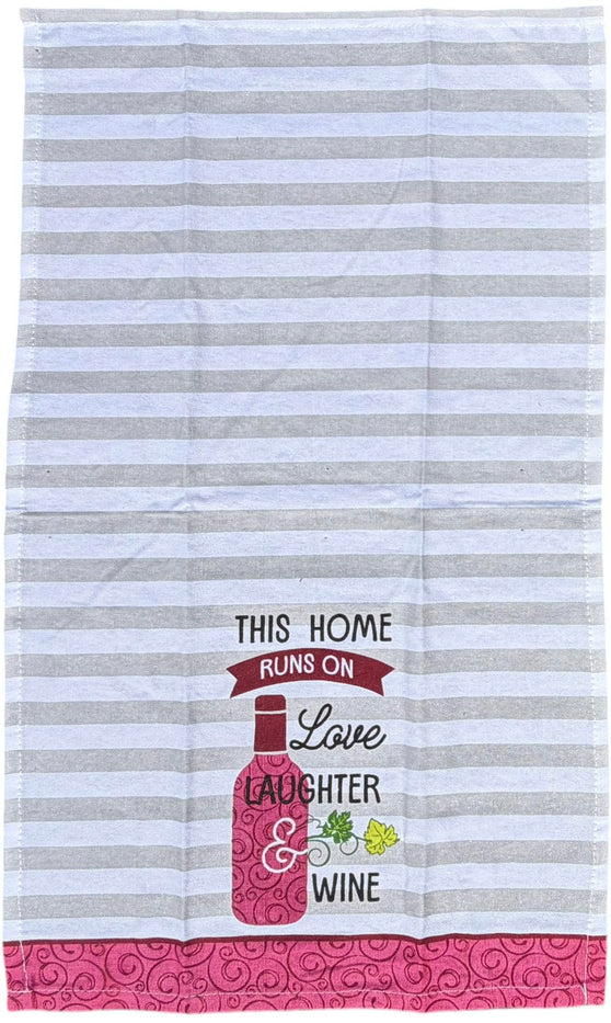 This Home Runs on Love, Laughter & Wine Printed Kitchen Linen Sets Non-Slip, Heat Resistant Set of 4, Includes 2 Kitchen Towels, Potholder & Oven Mitt.