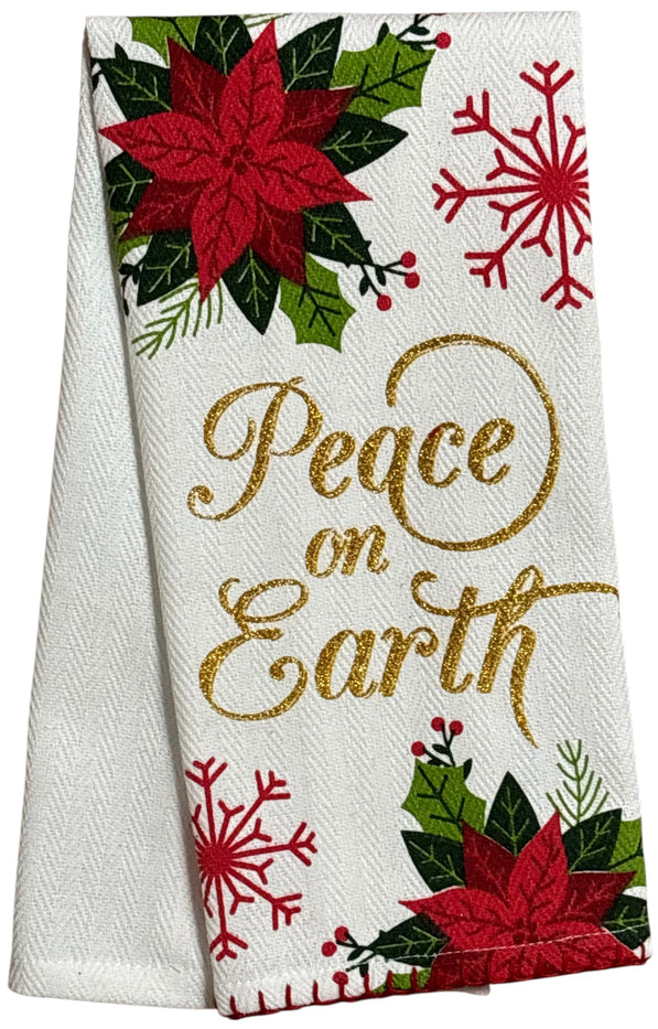 Peace on Earth with Poinsettia Flower, Snowflakes on White Herringbone and Red Waffle Weave, 4 Pcs Cotton Kitchen Towels, Soft and Absorbent, Size: 16” x 28".