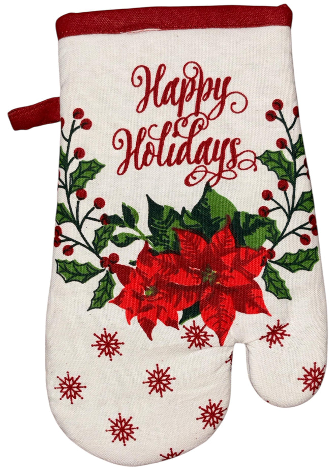 Poinsettia Flower, Berries, Snowflakes with Happy Holidays, 6 Pack Holiday Season Kitchen Towel Sets, 4 Kitchen Towels, Pot Holder & Oven mitt.