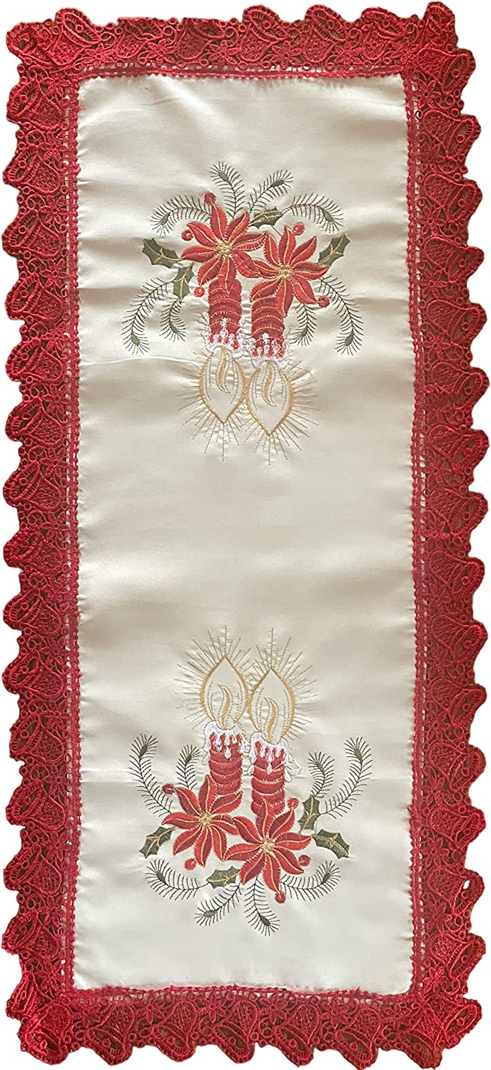 Poinsettia Flower with Candle Embroidery on Beige Base with Red Lace Oblong Runner Kitchen Dining Table