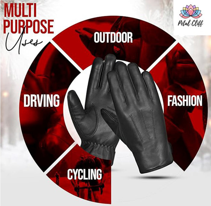 Men's Leather Driving Gloves with touch Screen 100% Real Leather with Lining: 100% Cashmere wool Warm Winter Gloves