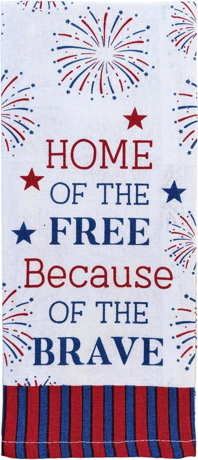 Fireworks Patriotic with Home of The Free Because of The Brave Slogan Design Printed Decorative 4th of July, Kitchen Towel Set of 4, 2 Kitchen Towels, Potholder & Oven mitt.