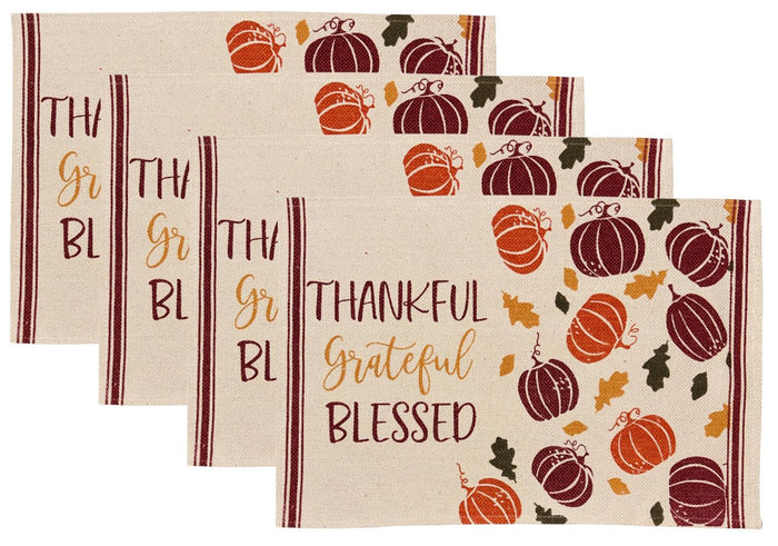 Thanksful, Grateful, Blessed with Fall Leaves and Colorful Pumpkin, Set of 4, Cotton Placemats for Fall, Thanksgiving Kitchen Dining Table Easy to Clean, Machine Washable, Size: 13” x 19”.