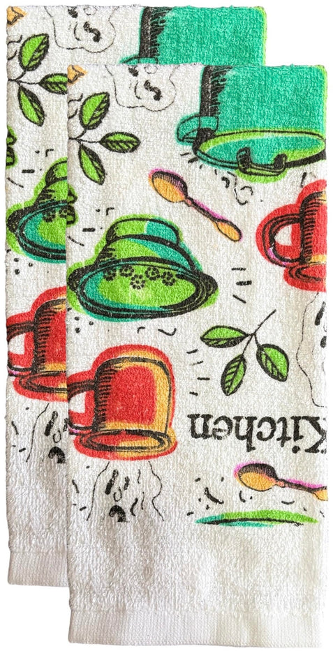 Kitchen Artwork, Canister, Pot, KIttle and More Design 100% Cotton Printed Kitchen Linen Set of 7, 2 Kitchen Towels, 2 Dish cloths, 2 Pot Holder, 1 Oven mitt, Non Slip, Washable, and Heat Resistant.