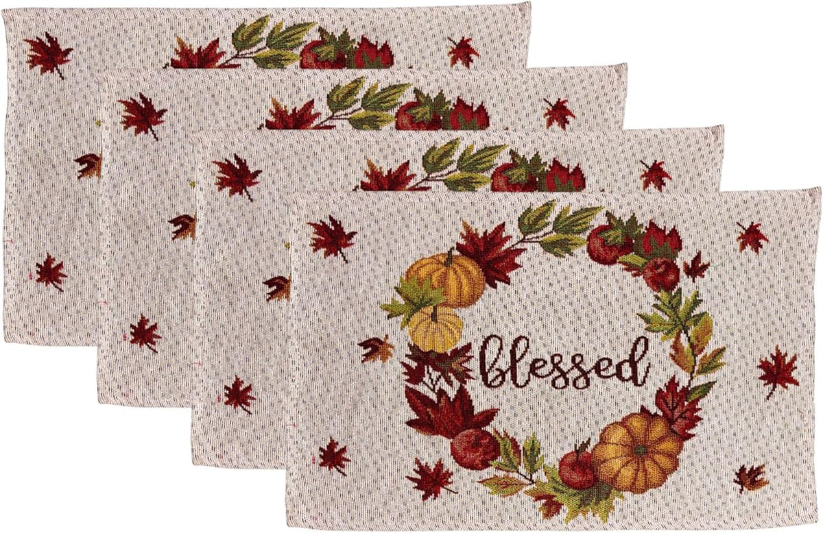 Pumpkin, Fall Leaves Wreath with Blessed, Set of 4 Placemats for Fall, Thanksgiving Kitchen Dining Table Easy to Clean, Machine Washable, Size: 13” x 19”.