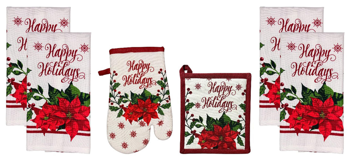 Poinsettia Flower, Berries, Snowflakes with Happy Holidays, 6 Pack Holiday Season Kitchen Towel Sets, 4 Kitchen Towels, Pot Holder & Oven mitt.