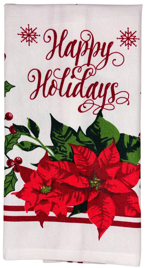 Poinsettia Flower, Berries, Snowflakes with Happy Holidays, 6 Pack Holiday Season Kitchen Towel Sets, 4 Kitchen Towels, Pot Holder & Oven mitt.