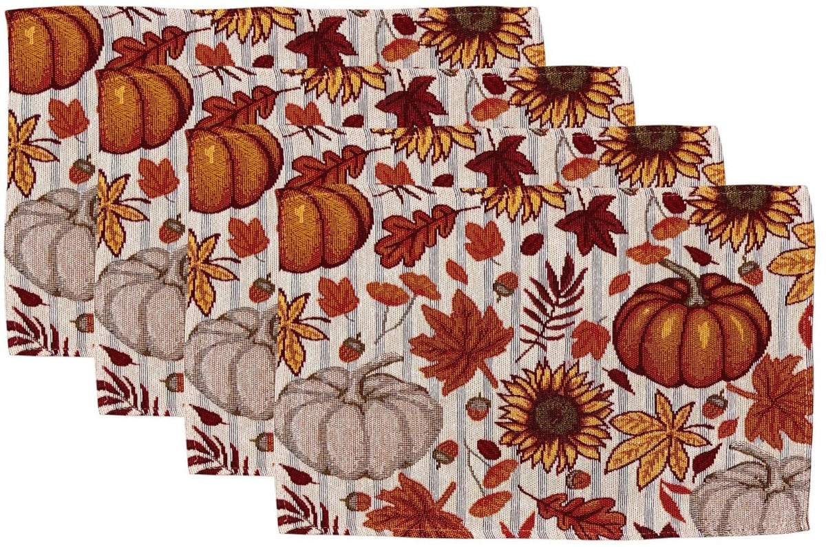 Sunflower, Pumpkin, and Leaf Design Set of 4 Placemats for Fall, Thanksgiving Kitchen Dining Table Easy to Clean, Machine Washable, Size: 13” x 19”.