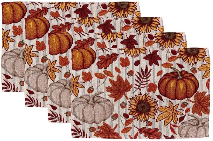 Sunflower, Pumpkin, and Leaf Design Set of 4 Placemats for Fall, Thanksgiving Kitchen Dining Table Easy to Clean, Machine Washable, Size: 13” x 19”.