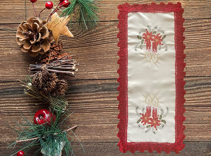 Poinsettia Flower with Candle Embroidery on Beige Base with Red Lace Oblong Runner Kitchen Dining Table