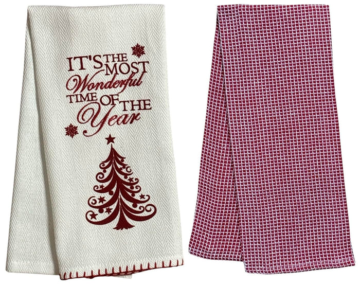 It's The Most Wonderful time of The Year with Snowflakes and Christmas Tree on White Herringbone and Red Waffle Weave, 4 Pcs Cotton Kitchen Towels, Soft and Absorbent, Size: 16” x 28".