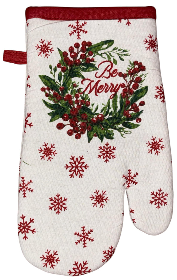 Poinsettia Flower Wreath, Berries, Snowflakes with be Merry, 6 Pack Holiday Season Kitchen Towel Sets, 4 Kitchen Towels, Pot Holder & Oven mitt.
