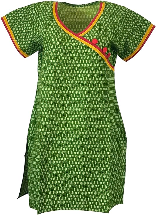 Tunic for Women 100% Cotton Kurti Leaf V-Neck Two Tone Piping with 3 Button Shorts Sleeves Kurta Tunic Top.