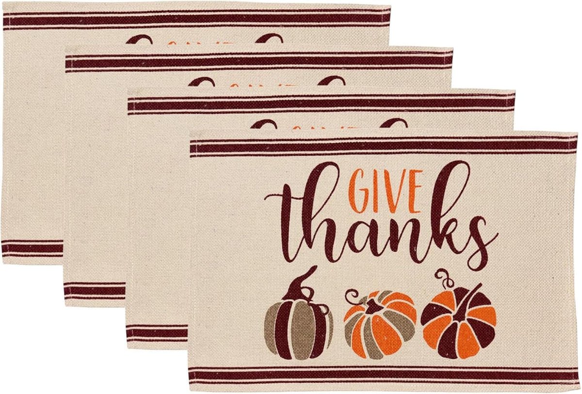 Give Thanks with Colorful Pumpkin, Set of 4, Cotton Placemats for Fall, Thanksgiving Kitchen Dining Table Easy to Clean, Machine Washable, Size: 13” x 19”.