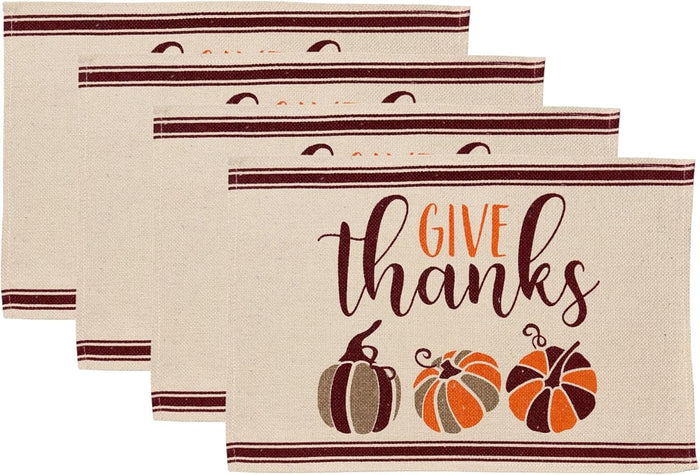Give Thanks with Colorful Pumpkin, Set of 4, Cotton Placemats for Fall, Thanksgiving Kitchen Dining Table Easy to Clean, Machine Washable, Size: 13” x 19”.