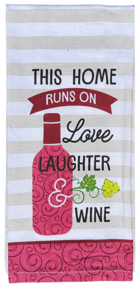 This Home Runs on Love, Laughter & Wine Printed Kitchen Linen Sets Non-Slip, Heat Resistant Set of 4, Includes 2 Kitchen Towels, Potholder & Oven Mitt.