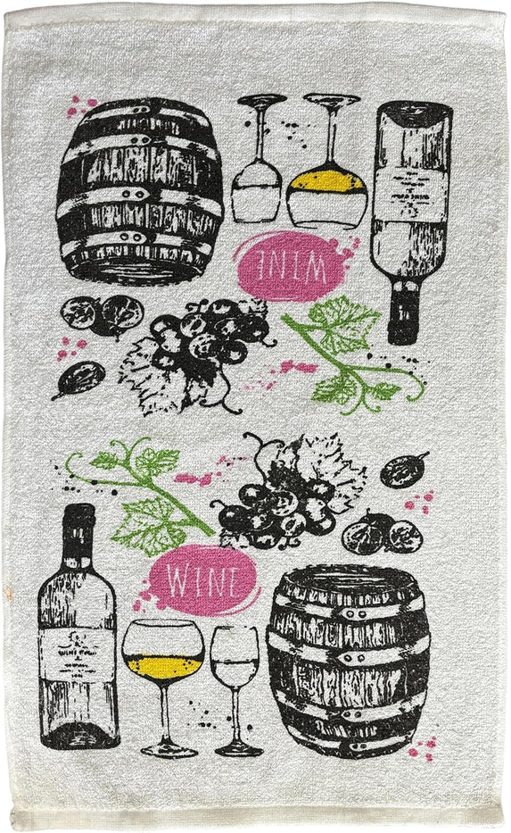 Set of 6, Wine, Wine Glass, Grape and Barrel Design Printed Cotton Kitchen Towels Highly Absorbent and Soaking up Water Quickly Size: 15 x 25 inch.