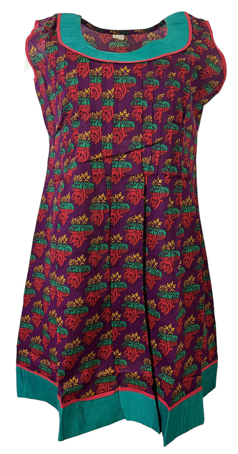 Tunic for Women Purple Kurti Flower Design Chapti Pattern Round Neck Turquoise Patch, Sleeveless Kurta Tunic Top.