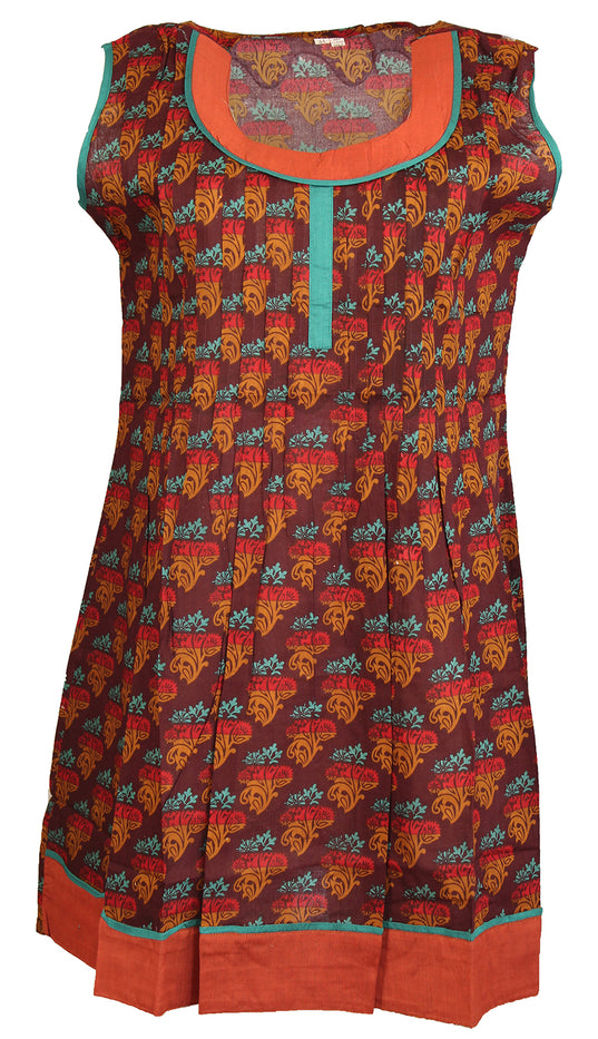 Tunic for Women Purple Kurti Flower Design Chapti Pattern Round Neck Turquoise Patch, Sleeveless Kurta Tunic Top.