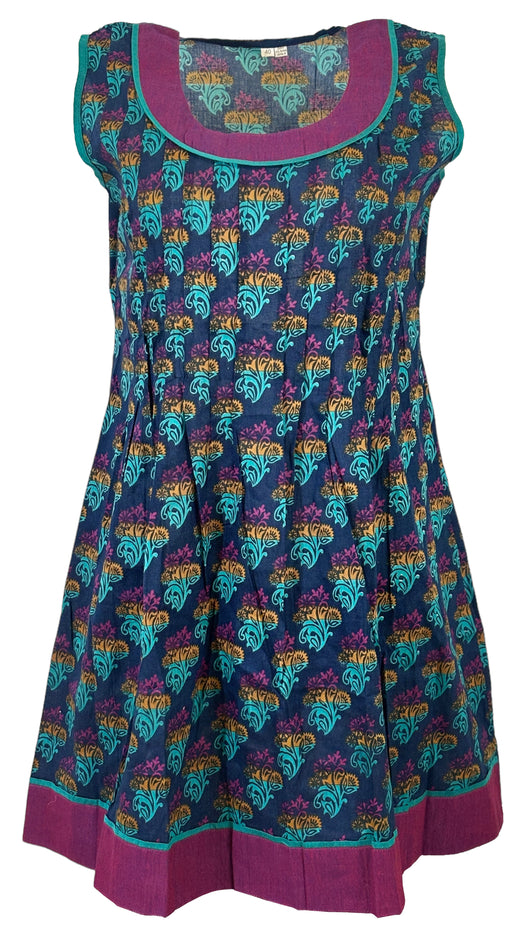 Tunic for Women Purple Kurti Flower Design Chapti Pattern Round Neck Turquoise Patch, Sleeveless Kurta Tunic Top.