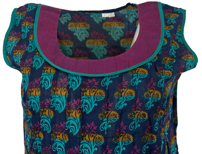 Tunic for Women Purple Kurti Flower Design Chapti Pattern Round Neck Turquoise Patch, Sleeveless Kurta Tunic Top.