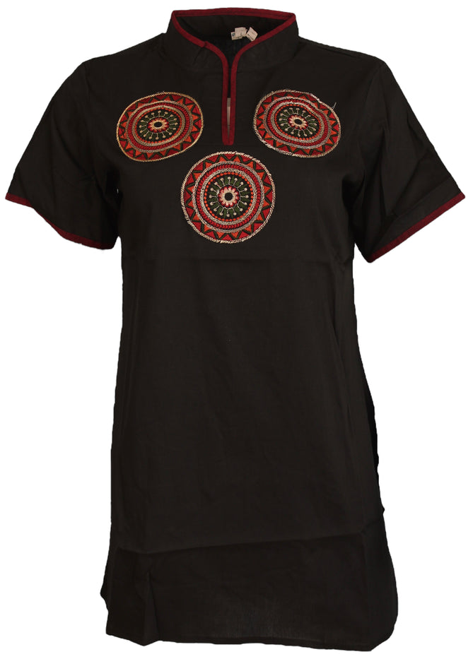 Black 100% Cotton Short Sleeves with Multi Color Round patches threaded High Neck with Red Piping  women Kurti / Tunic /Top.