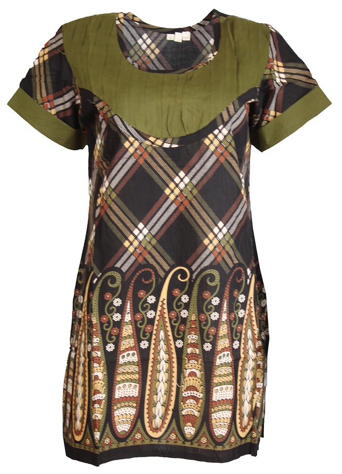 Tunic for Women 100% Cotton Black Diamond Pattern Kurti With Leaf Design Round Neck, Short Sleeves Kurta, Tops.